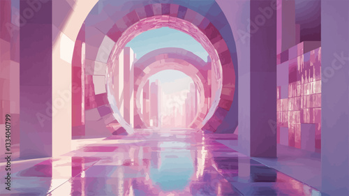 The image depicts a digitally rendered interior space characterized by a long corridor with multiple repeating arches.  The dominant colors are shades of pink and purple, creating a vibrant and