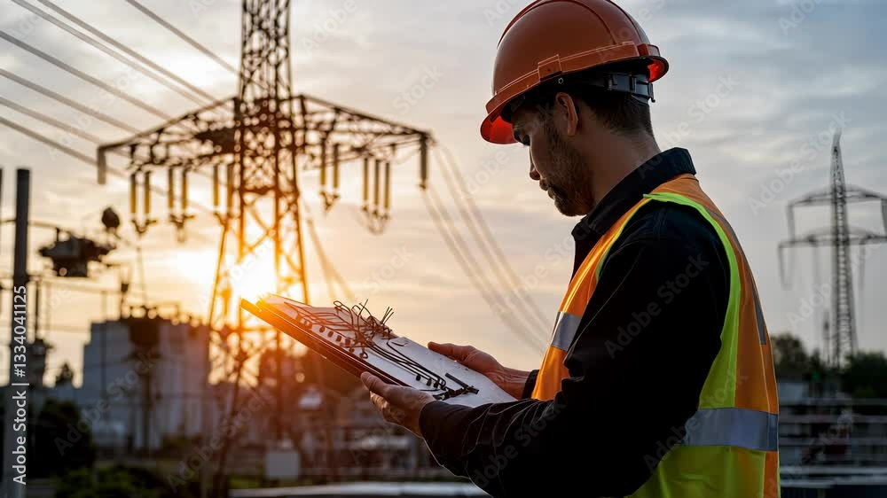 Electrical engineer checking power substation blueprints, golden sunset illuminating technical infrastructure and grid planning video 4k