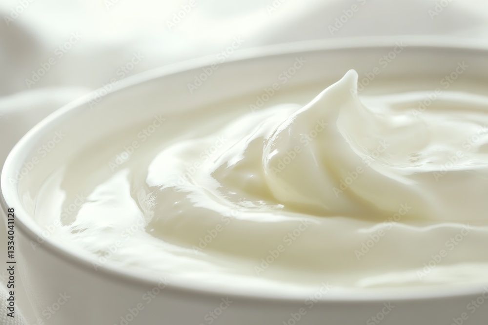 Creamy yogurt with glowing probiotics in soft pastel background