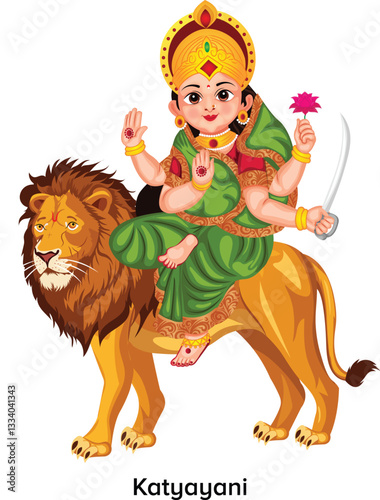 Maa Katyayani Worship on the Sixth Day of Navratri Character Vector Illustration