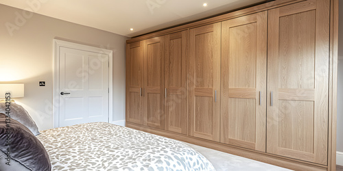 A stylish bedroom featuring a large wooden wardrobe, soft bedding, and warm lighting, creating a cozy and inviting atmosphere.