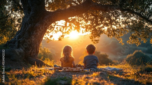Sunset Picnic Siblings enjoying golden hour under olive tree