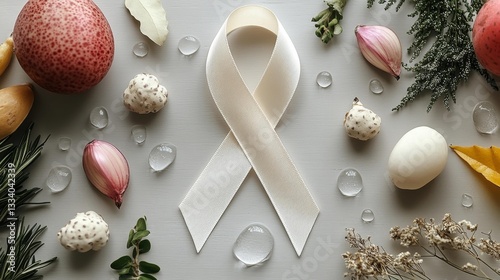 White ribbon with fresh produce herbs and water droplets on a white surface for cancer awareness and healthy lifestyle symbolism. Generative AI