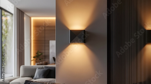 A modern interior featuring stylish wall lighting that creates a warm ambiance, complemented by a minimalist design and natural elements.