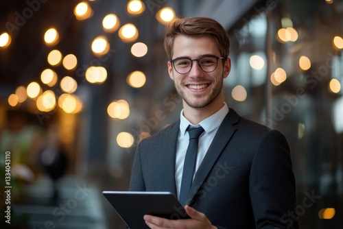 A professional man holds a tablet computer, ready to work or attend meetings