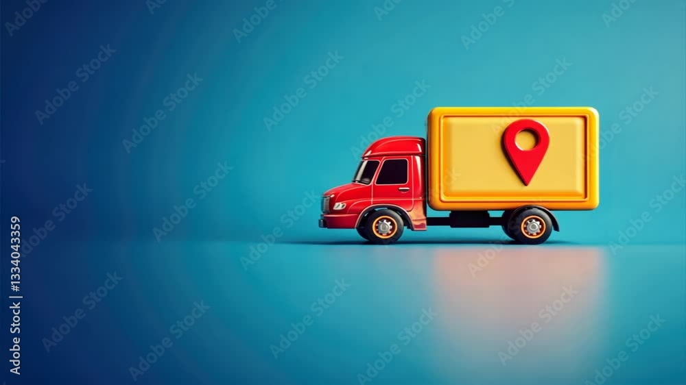 A red and yellow truck with a location pin icon, symbolizing efficient global operations, precise logistics, and real time tracking in global transportation