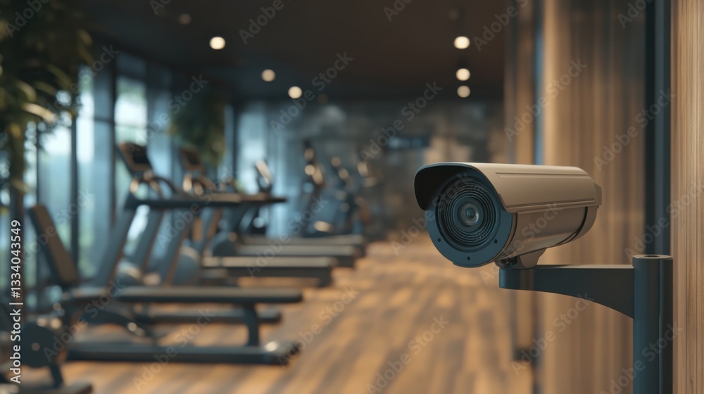 Modern Fitness Studio with Surveillance Camera and Treadmills in a Bright, Well-Lit Environment Modern Fitness Studio with Surveillance Camera and Treadmills in a Bright, Well-Lit Environment