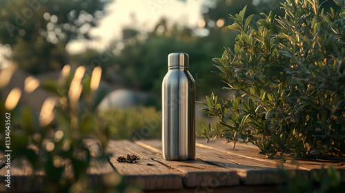 Stainless steel water bottle on wooden table outdoors for sustainable hydration and eco living