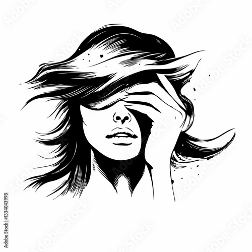 Mysterious Woman with Hair Obscuring Face Against White Background