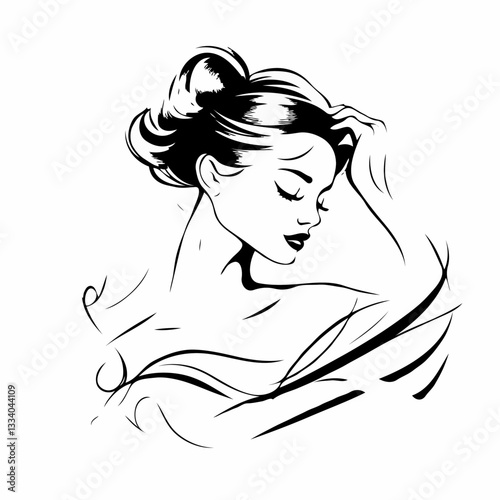 Elegant Woman Line Drawing Touching Hair