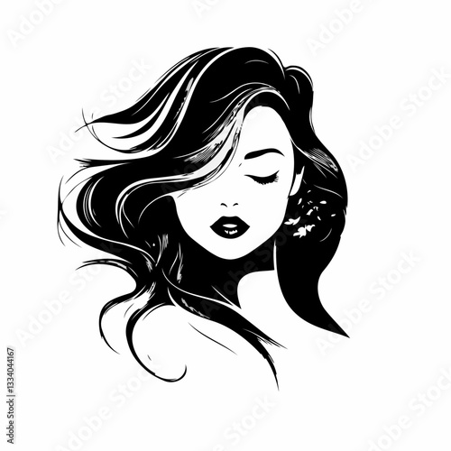 Serene Woman with Flowing Hair Against White Background