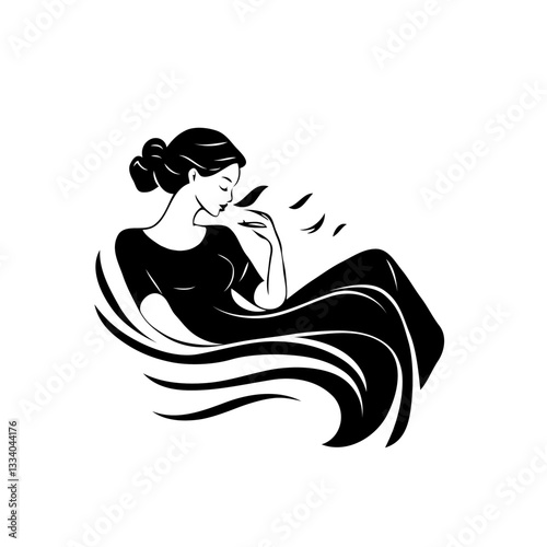 Relaxed Woman in Flowing Dress with Leaves Against White Background