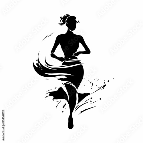 Dynamic Woman in Flowing Dress Silhouette Against White Background