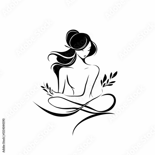Meditative Woman Line Art with Leaves Against White Background
