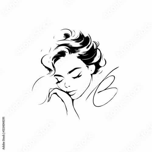Playful Woman with Updo Line Art Against White Background