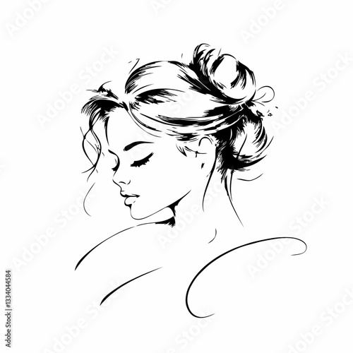 Elegant Woman Profile Drawing with Bun Against White Background