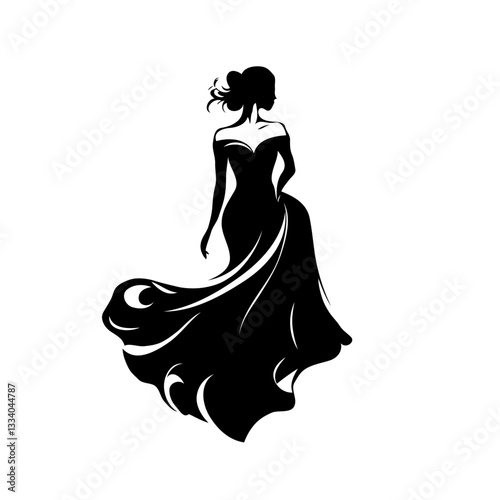 Elegant Woman Silhouette from Behind Against White Background