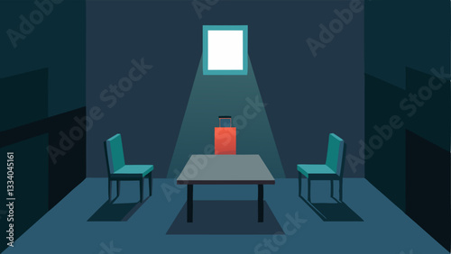 Silent Room Setting A small dimly lit interrogation room with a table and two chairs. The background features a oneway mirror to suggest observation.