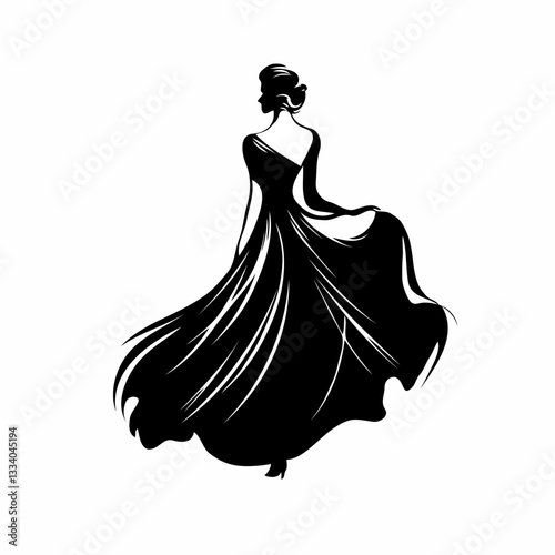 Elegant Woman Silhouette from Behind with Flowing Gown Against White Background