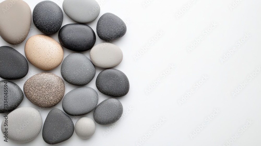 A collection of smooth, rounded stones in various shades, arranged artistically on a light background. A collection of smooth, rounded stones in various shades, arranged artistically on a light background.