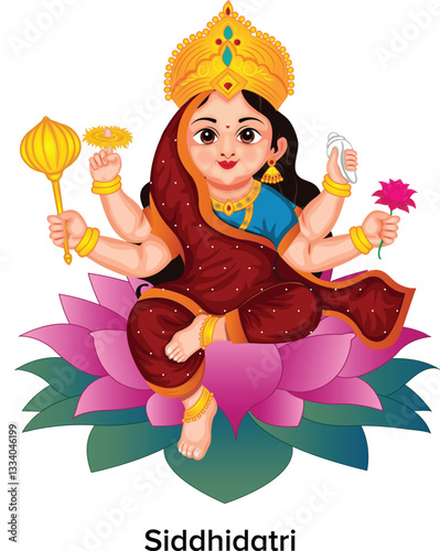 Maa Siddhidatri Worship on the Seventh Day of Navratri Character Vector Illustration