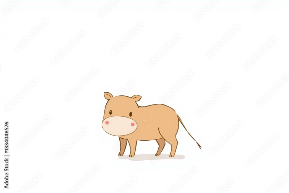 Fototapeta premium Cute cartoon illustration of a brown cow with big eyes and a friendly demeanor standing on a plain background