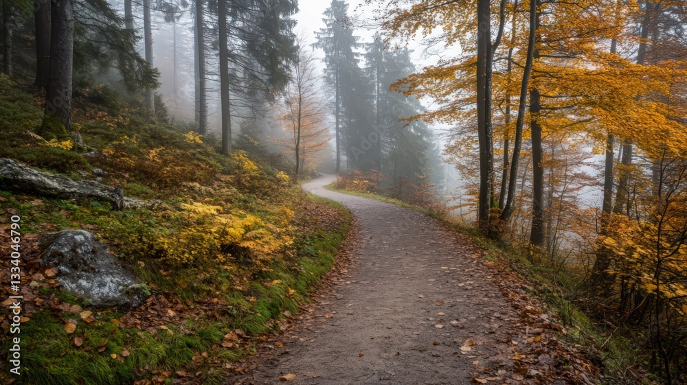 Obraz premium Misty Autumn Path Through Colorful Forest