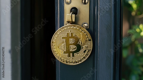 A bitcoin coin placed on the door handle of a door, possibly a symbol of wealth or a message photo