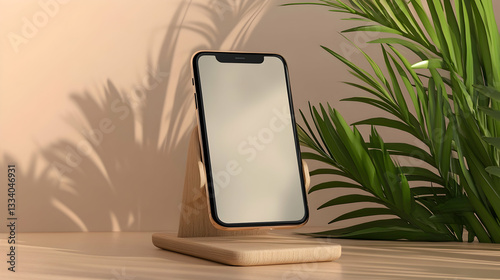 Mobile phone mockup on wooden stand with tropical plants in minimalist aesthetic presentation