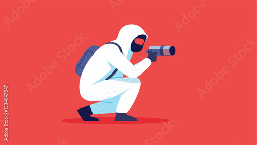 Protective Gear A forensic photographer in full protective suit kneeling to take pictures emphasizing the importance of safety while documenting sensitive scenes.