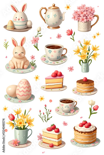 Cute Easter illustrations set with eggs bunnies cakes desserts and spring flowers
