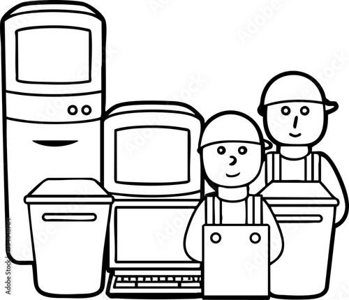 Workers with electronic waste and recyclable materials in a cartoon style illustration.