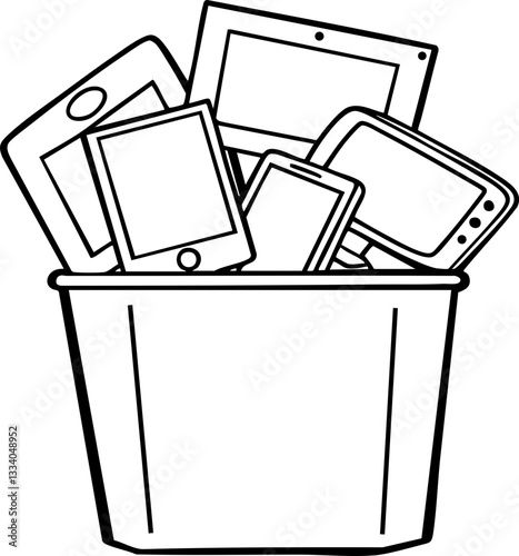 Electronic devices discarded in a trash bin, illustrating e-waste.