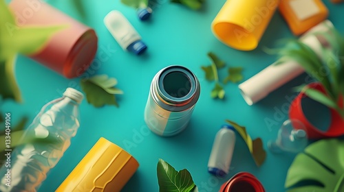 Recyclable plastic bottles and thermos sustainable eco friendly red top blue view green