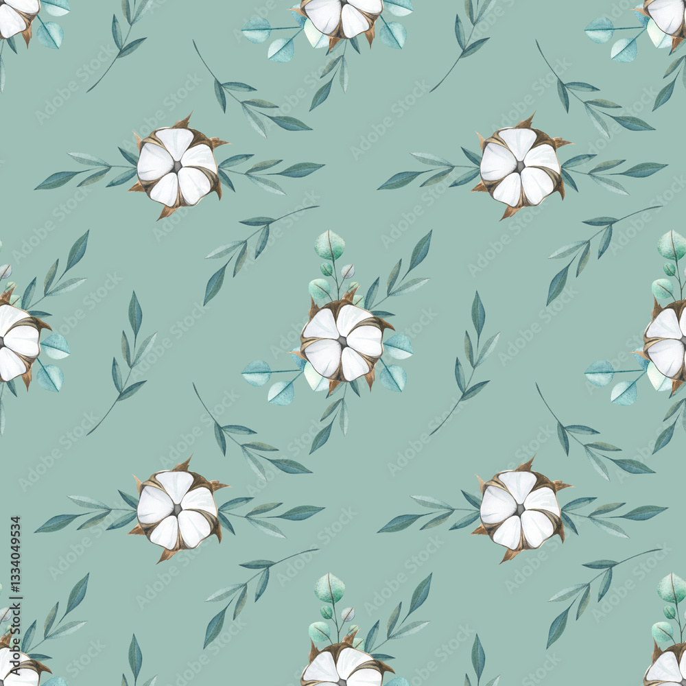 Beautiful delicate pattern on a colored green background with eucalyptus sprigs and cotton flowers. Seamless pattern for fabric, bed linen, background, packaging Beautiful delicate pattern on a colored green background with eucalyptus sprigs and cotton flowers. Seamless pattern for fabric, bed linen, background, packaging