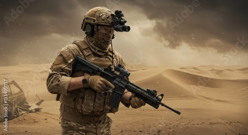 Soldier in tactical gear with night vision goggles standing in desert sandstorm. Military personnel equipped with assault rifle on desert battlefield with destroyed vehicle in background.