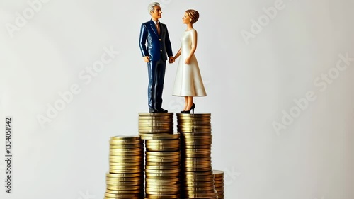 Couple on top of coins represents financial prosperity and love during marriage in a modern setting