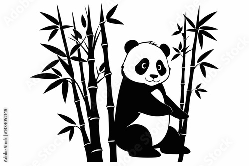 panda on bamboo line art silhouette vector illustration