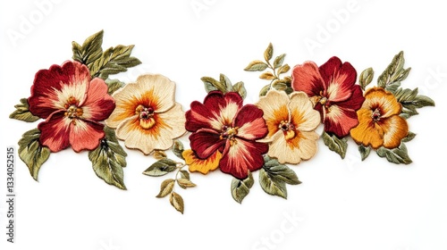 Embroidered floral border with pansy-like blooms and foliage