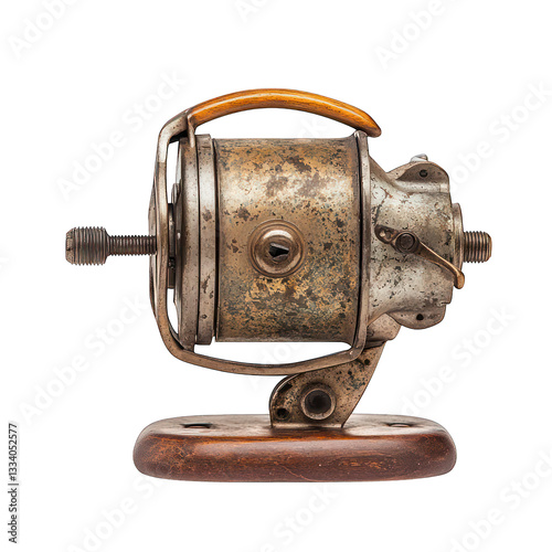 A 1940s metal fishing reel with a wooden crank handle and an aged patina isolated on a white background.