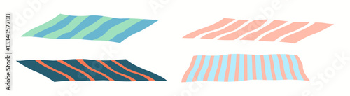 Illustration showing four rectangular beach towels with distinct striped patterns in a mix of colors such as green blue pink coral and dark shades.