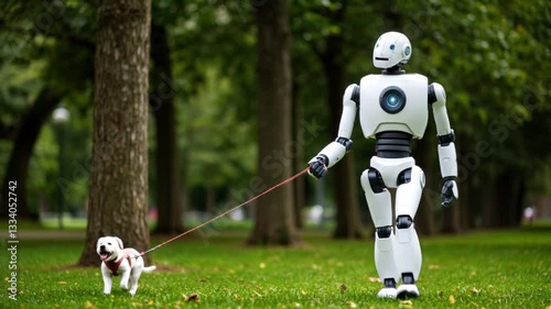 Humanoid robot walking a real dog in a park, symbolizing AI integration into daily pet care and companionship. AI-assisted living, robotic assistance, future lifestyle.