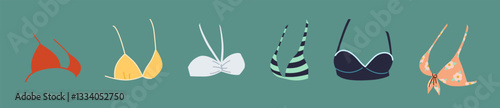 Illustration shows six distinct bikini tops in various styles and colors on a teal background, highlighting diversity in swimwear designs and fashion trends.