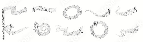 Illustration featuring diverse arrangements of musical notes in flowing and circular wave forms. Perfect for design projects involving music themes and artistic decorations.