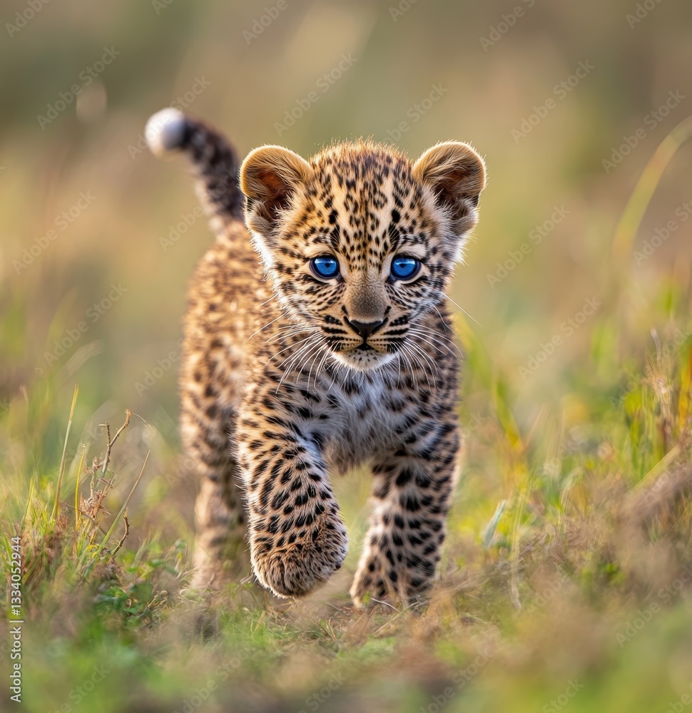 Obraz premium Playful Young Leopard Cub Exploring Its Natural Habitat with Striking Blue Eyes and Beautiful Spotting in a Lush Green Field Under Soft Natural Light