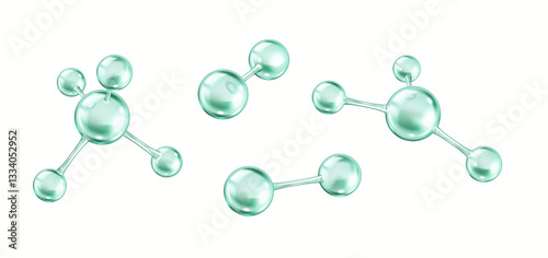 Different rotating green collagen molecules realistic color icons set. Protein creates chemical bonds 3d objects bundle on white background