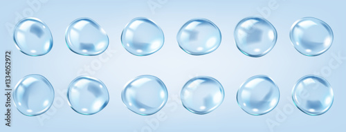 Transparent molecular bubbles realistic color icons set. Collagens skin nourishing properties 3d objects bundle on blue background