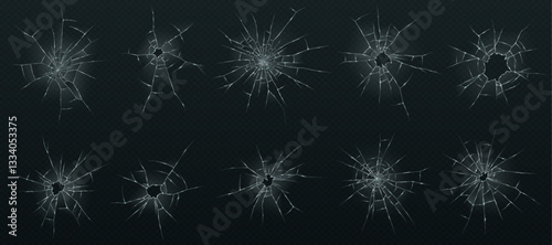 Ten isolated realistic shattered glass patterns on transparent background. Cracks radiate from center with sharp edges, suitable for design and decoration.