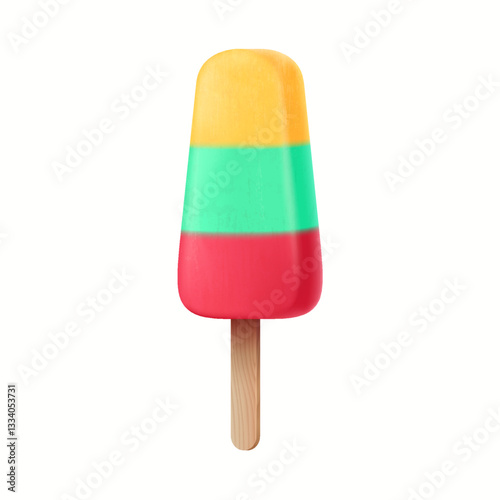Brightly colored ice cream with three distinct layers in red, green, and yellow. The frozen dessert is presented on a simple wooden stick against a white background.