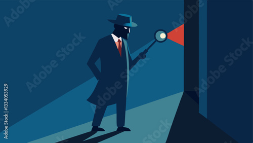 Shadowy Figure A shadowy illustration of a detective standing in an alley holding a magnifying glass up to his eye while peering into a shadowy corner.